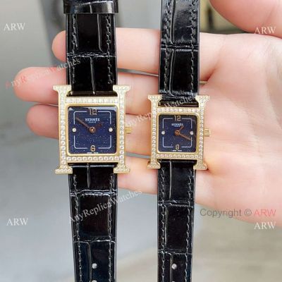 Top AAA Replica Hermes Heure H Quartz Watches in Starry dial Gold Diamond-set